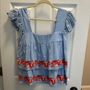 Entro Light Blue Blouse with Red Embroidery